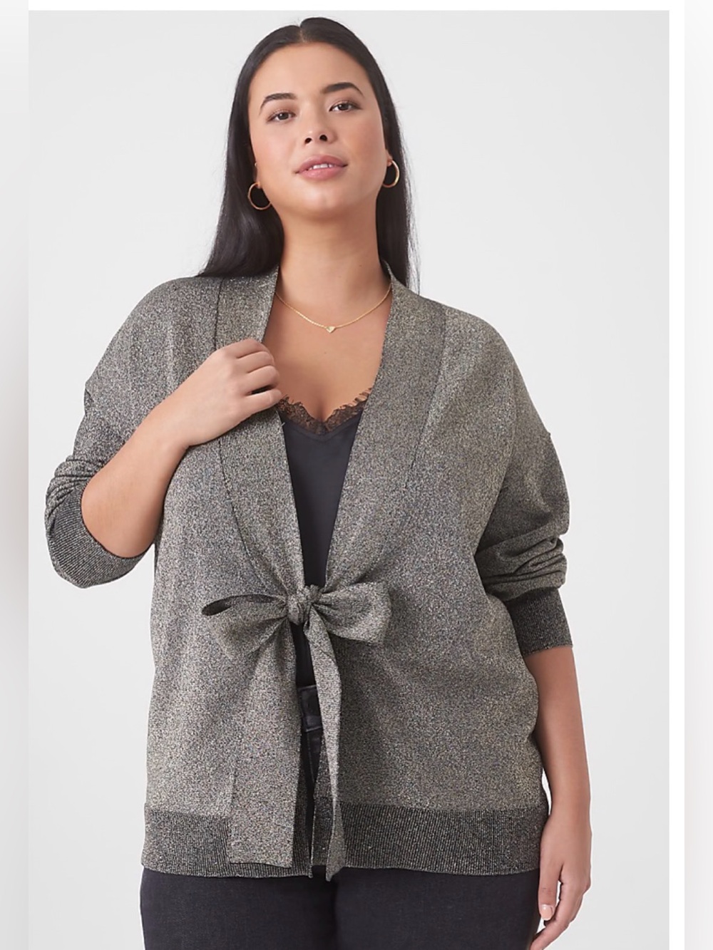 LANE BRYANT Classic Tie-Front Shine Cardigan | Gray Metallic | Size 18/20